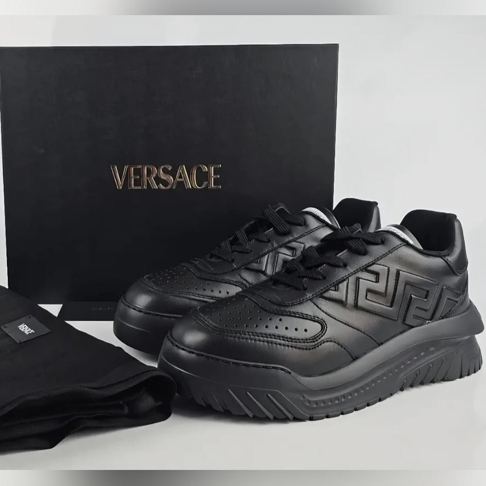 Versace Odissea Greca Black Leather Low Top Sneakers (Unisex) WMNS 9 Men's US 7
